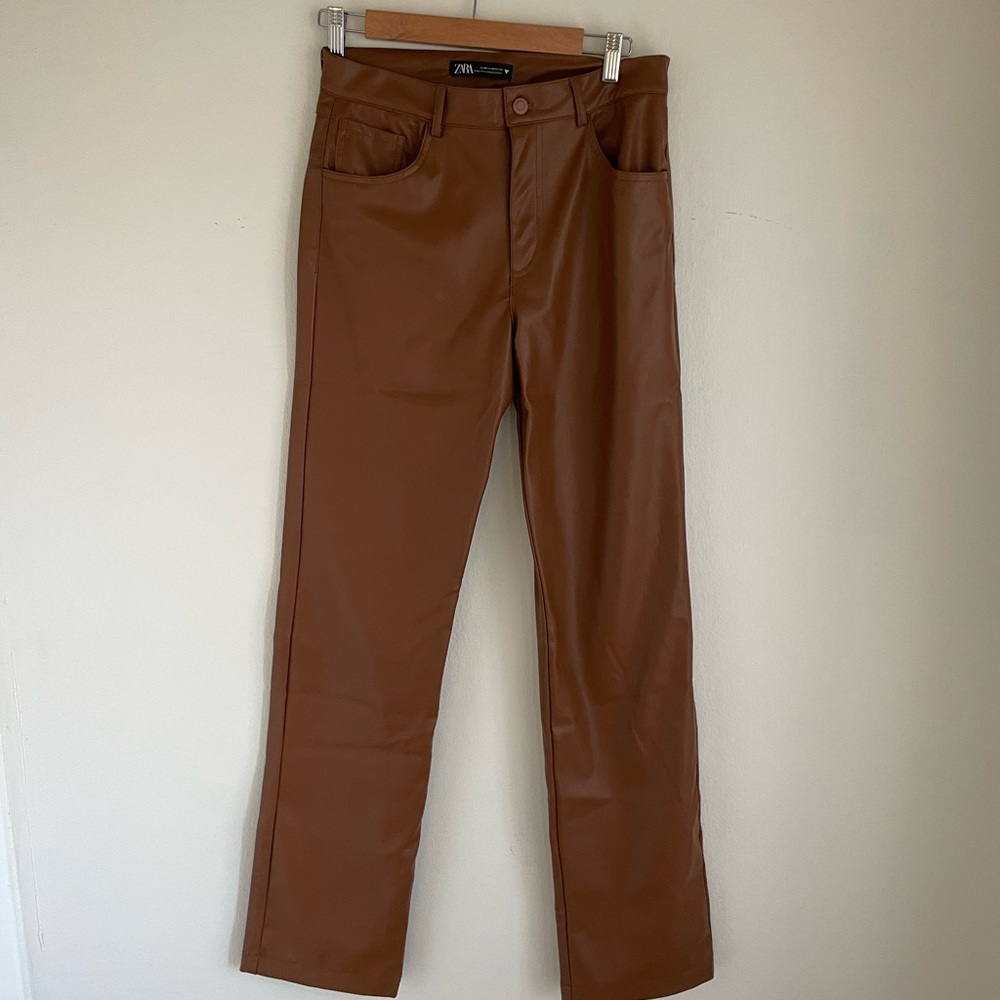 Brown faux leather zara pants